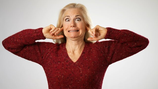 Confused Unhappy Elderly Gray-haired Blonde Woman Lady 40s Years Old Look At Camera Gives Funny Face Loud Noise Isolated On Solid White Background Studio Portrait