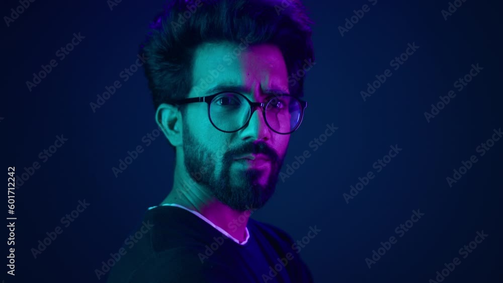 Wall mural indian man guy profile turning head looking camera serious developer coding internet technology hack