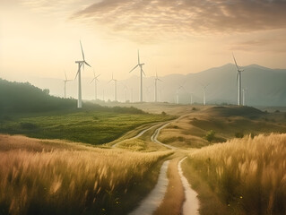 Fototapeta na wymiar Wind turbine farm in beautiful nature field