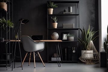 interior background light trendy living workplace office screen chair desk modern wooden. Generative AI.