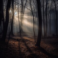 A beautiful image of the forest in the morning haze in the rays of the rising sun Generative AI