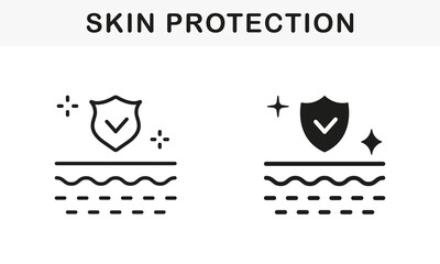 UV Protection for Skin Line and Silhouette Black Icon Set. Skin Protect Pictogram. Barrier Safety, Shield Protection Skin Concept Symbol Collection. Isolated Vector Illustration