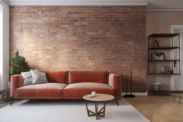 interior background carpet brick wall sofa floor three-dimensional space orange cosy home white couch. Generative AI.