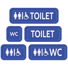 The blue signs set to the toilet. Various symbols with silhouettes of the toilet. 
