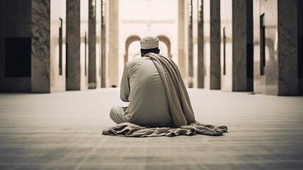 photograph of a Muslim pilgrim sitting in a mosque while dressed for the Hajj.  GENERATE AI