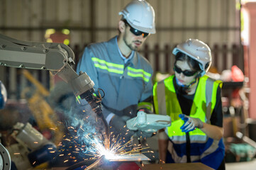 Engineer control robot arm machine welding steel, worker using forcing welding control screen which...