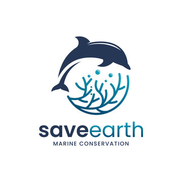 Dolphin combination logo set on water and coral reef. It is suitable for use as a marine conservation logo.