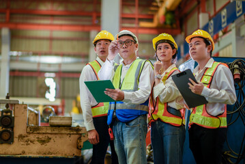Factory apprenticeship. Header mentor teaching young employees trainee operating machine looking...