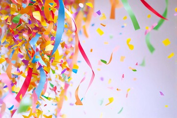 Fototapeta premium Many Falling Colorful Tiny Confetti And Streamer Ribbon On Pink Background. Celebration Event and Party. Multicolored. Generative AI