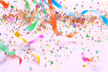 Many Falling Colorful Tiny Confetti And Streamer Ribbon On Pink Background. Celebration Event and Party. Multicolored. Generative AI