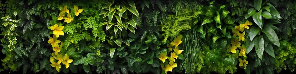 Collage of green plants and flowers on a black background. Floral background.