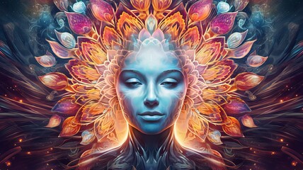 Consciousness of the universe, unity, psychedelic trip. New Age concept. AI generated. Generative AI