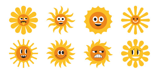 Vector illustration in simple linear style and icons - design templates, hot sun and summer logos, smiling characters and mascots
