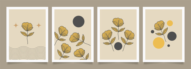 Set of Minimalist Poster with Hand Drawn Flowers. Floral Art Design for Wallpaper, Cover, Print, and More