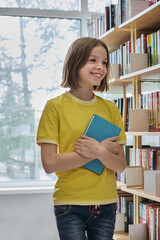 Smiling happy schoolgirl chooses a book in the school library. The child is holding a book in his hands. Back to school