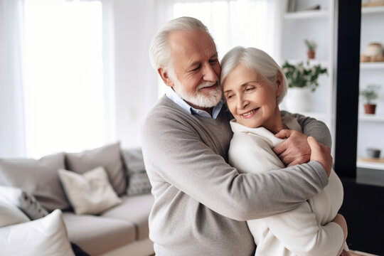 Senior couple embracing each other at home. AI