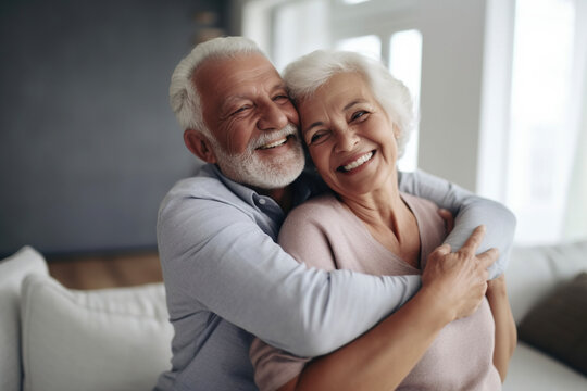 Senior couple embracing each other at home. AI