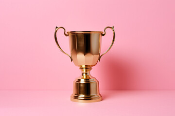 Fototapeta premium Winner or champion golden trophy cup on pink background. Victory first place, winning a competition, championship trophy. Minimal win and success concept, copy space for text. AI generated