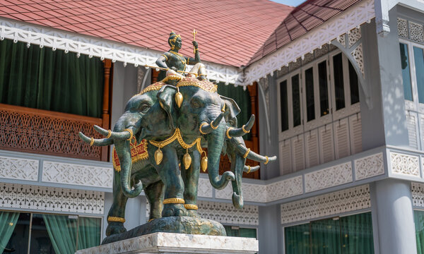 Bangkok, Thailand - February 04, 2023: Statue Eravan three-headed elephant of Indra
