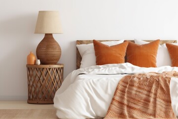decor bed pillow template home design orange interior fall lamp modern. Generative AI.