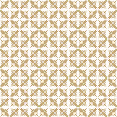 Golden abstract geometric floral ornament with gothic elements, flower silhouettes, grid, repeat tiles. Simple white and gold texture. Luxury vector seamless background pattern. Elegant geo design
