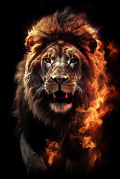 Image of an angry lion and flames. Wildlife Animals. Illustration. Generative AI