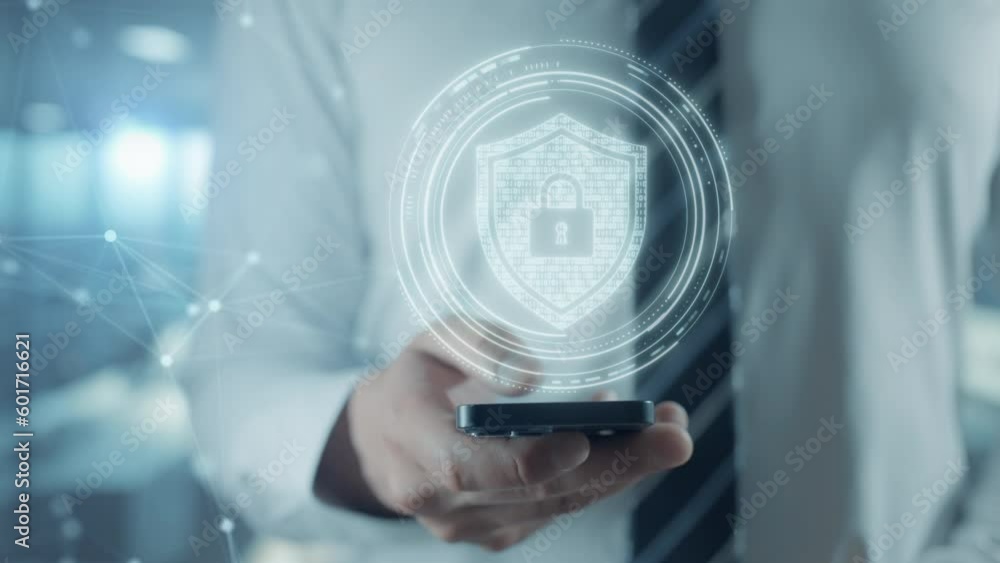 Poster businessman working with smartphone. security hologram virtual hud pin with shield and lock. concept