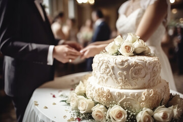 Beautiful wedding cake, and bride and groom in the background