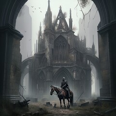 Naklejka na ściany i meble The silhouette of a horseman against the background of gloomy ruins with Gothic architecture Generative AI