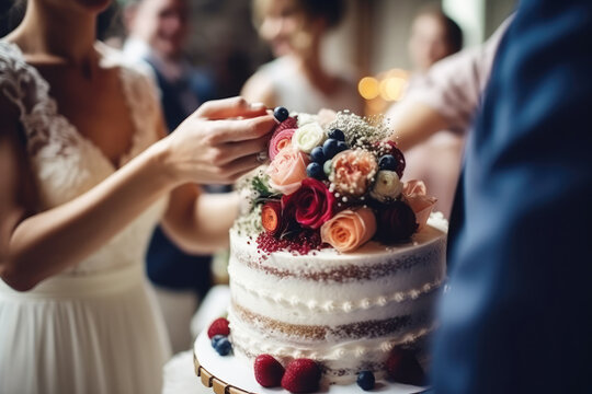 Beautiful wedding cake, and bride and groom in the background