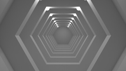 3d illustration of white hexagonal tunnel with white light on top.