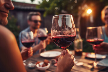 Happy family and friends dining and drinking red wine at the dinner party, Focus on wine glass