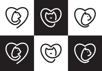 love and cat logo design. pet care white linear style concept element symbol vector illustration.