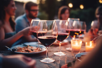 Happy family and friends dining and drinking red wine at the dinner party, Focus on wine glass