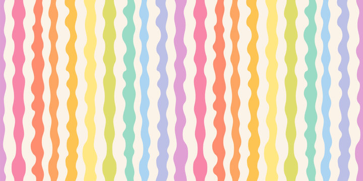 Abstract vector seamless pattern with rainbow wavy lines, stripes, organic shapes. Stylish texture with smooth fluid forms. Simple multicolor background. Funky repeat design for decor, print, wrap