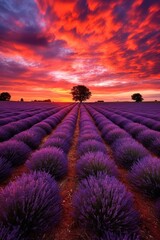 Fototapeta na wymiar Lavender fields at sunset. Generative AI