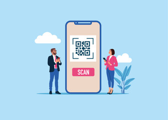 Scanning qr code on a screen smartphone for online payment, money transaction on mobile app service. Modern vector illustration in flat style