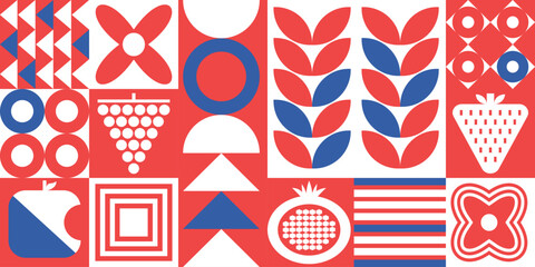 Scandinavian Fruit pattern. Abstract bauhaus food shapes and floral elements in blue red white background. 