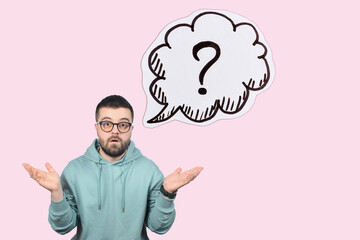 surprised young man in glasses, question mark