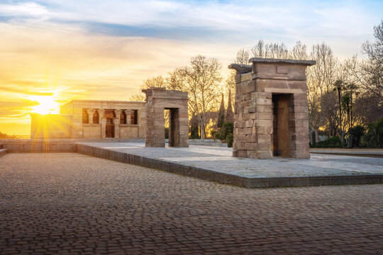 Temple of Debod at sunset - ancient Egyptian temple at La Montana Park - Madrid, Spain