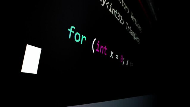 Closeup macro shot movement of coding script moving across LED screen with real-time AI-generated typing, showcasing advanced AI learning in optimization, debug and coding for software development.