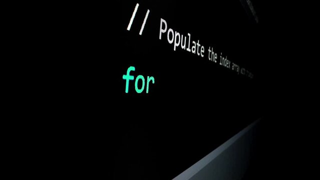 Closeup macro shot movement of coding script moving across LED screen with real-time AI-generated typing, showcasing advanced AI learning in optimization, debug and coding for software development.