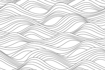 Wavy seamless pattern. Black and white print with waves. Nature coloring book with sea, river or ocean. Lines like flow. Abstract vector background	