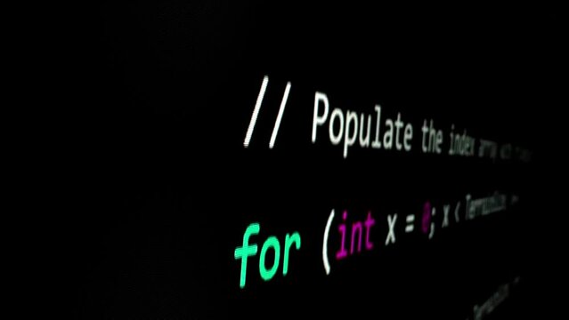 Closeup macro shot movement of coding script moving across LED screen with real-time AI-generated typing, showcasing advanced AI learning in optimization, debug and coding for software development.