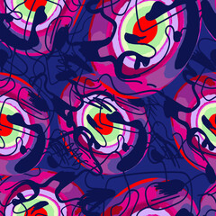 Psychedelic abstract colorful pattern with chaotic rounds and wave lines