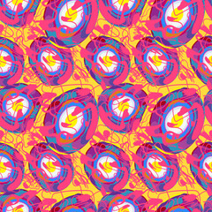 Psychedelic abstract colorful pattern with chaotic rounds and wave lines