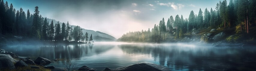 Fototapeta na wymiar A beautiful forest lake with morning haze over the water in the rays of the morning sun. High quality illustration Generative AI