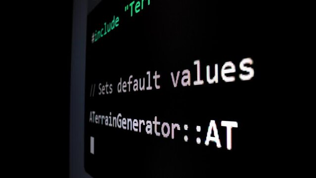 Closeup macro shot movement of coding script moving across LED screen with real-time AI-generated typing, showcasing advanced AI learning in optimization, debug and coding for software development.