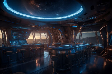 Futuristic bar in spaceship with view over galaxy.