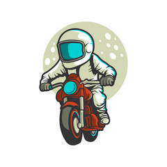 Astronaut Biker Riding Motorcycle Cartoon Mascot Illustration Logo